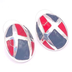 Retro Silver black and red oval button earrings